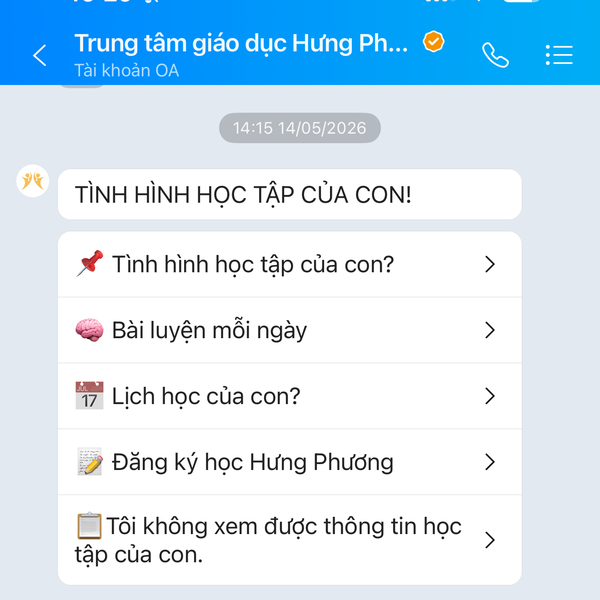 Menu Zalo OA Hưng Phương